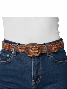 Vintage Woven Leather Belt Carved Wood Buckle Brown Boho Western Unisex S/M
